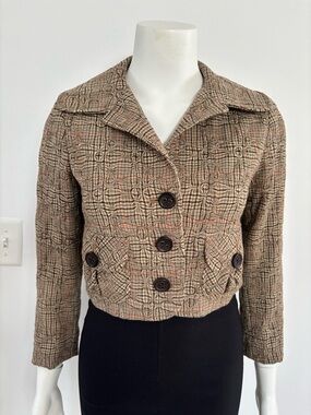 Teri Jon Cropped Plaid Textured  100% Wool Jacket in Brown and Cream